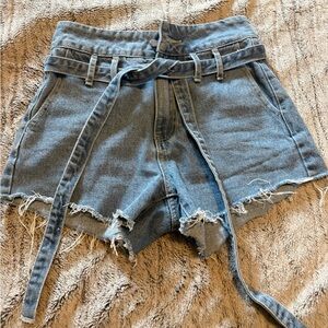 SHEIN Light Blue High-Rise Frayed Tie-Waist Denim Shorts